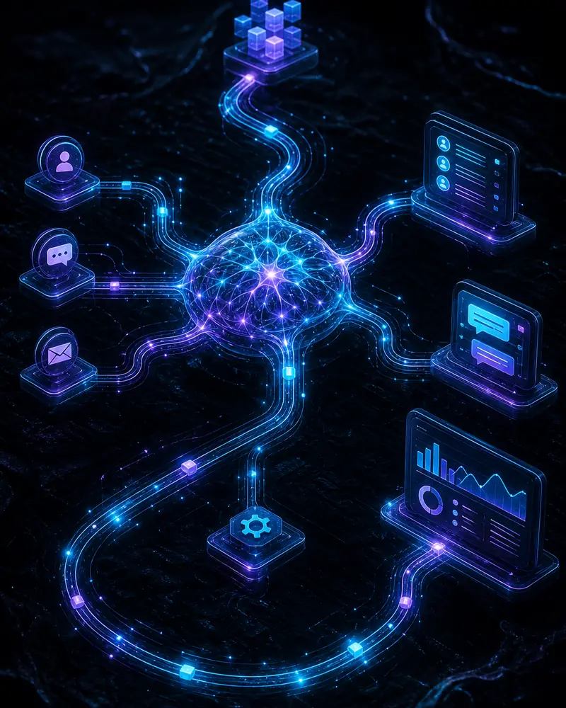 AI automation workflows connecting leads, support, and reporting
